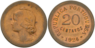 Португалия 20 сентаво 1924 KM 574 бронза 4579-113