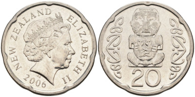 Новая Зеландия 20 центов 2006 Елизавета II (1952-2022), идол Пукаки KM 118а никелированная сталь 4579-1134
