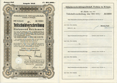 Германия 1000 рейхсмарок 1943 АО Schluchseewerk (оператор 5 ГЭС), Фрайбург-им-Брайсгау, 4% -ное частичное обязательство, облигация   бумага  8801-103-1
