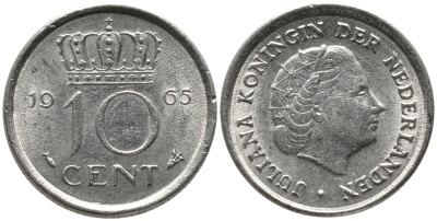 Нидерланды 10 центов 1965 Юлиана (1949-1980) KM 182 никель 4609-768