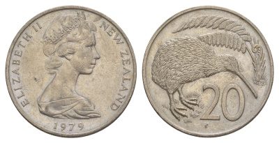 Новая Зеландия 20 центов 1979 Елизавета II (1952-2022), птичка киви KM 36.1 медно-никель 4182-1152