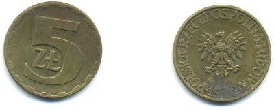 Польша 5 злотых 1976 монетный двор Ленинград (ЛМД) KM 81.1, Parchimowicz 221b латунь 83-256