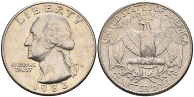 США 25 центов = квотер 1983 D, Вашингтон KM A164a медь плакированная медно-никелем 4584-1154