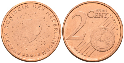 Нидерланды 2 евроцента 2004  КМ 235 сталь плакированная медью UNC   4160-1146
