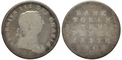 ИРЛАНДИЯ 10 ПЕНСОВ 1805 БАНК ИРЛАНДИИ, БАНКОВСКИЙ ТОКЕН, ГЕОРГ III KM Tn3 серебро 1524-1325