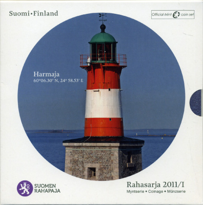 Финляндия евронабор из 8 монет + жетон 2011 маяки Скандинавии Harmaja (1883-2011), официальный набор в оригинальном буклете    UNC  5-6-1-02