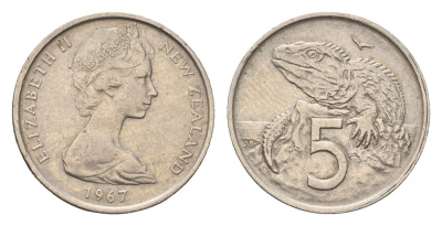 Новая Зеландия 5 центов 1967 Елизавета II (1952-2022), ящерица гаттерия KM 34 медно-никель 4655-237