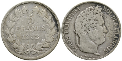 Франция 5 франков 1832 A, Луи Филипп I (1830-1848) KM 749.1 серебро 79-724