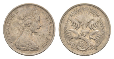 Австралия 5 центов 1975 Елизавета II (1952-2022) молодой портрет, ехидна KM 64 медно-никель 4151-1267