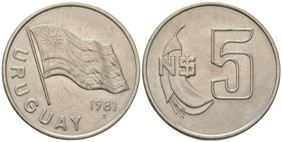 Уругвай 5 песо 1981 флаг KM 75, Schoen 54 медно-никель  UNC  4448-422