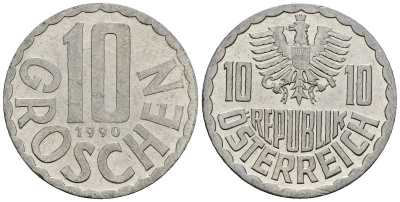 Австрия 10 грошей 1990 KM 2878 алюминий 4135-311