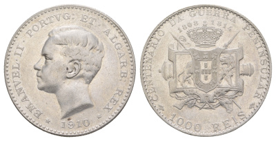 Португалия 1000 реалов (рейсов) 1910 100 лет Пиренейской войне KM 558 серебро 00-822-71