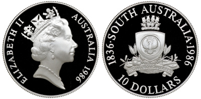 Австралия 10 долларов 1986 150 лет штату Южная Австралия, в оригинальной коробке, с сертификатом KM 88 серебро PROOF 4-3-4-36