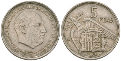 Испания 5 песет 1957 Франсиско Франко (1939-1975) KM 786 медно-никель 4616-946