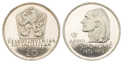Чехословакия 20 крон 1972 100 лет со дня смерти Андрея Сладковича (1820-1872) KM 76 серебро  PROOF  1095-10-14