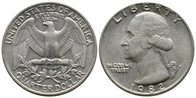 США 25 центов = квотер 1982 P, Вашингтон KM А164а медь плакированная медно-никелем 4364-2226