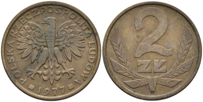 Польша 2 злотых 1977 монетный двор Ленинград (ЛМД) KM 80.1, Parchimowicz 217c латунь 4580-735