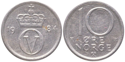 Норвегия 10 эре 1984 Улаф V (1957-1991) KM 416 медно-никель 4147-243