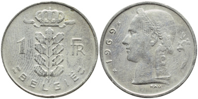 БЕЛЬГИЯ 1 ФРАНК 1969 BELGIE KM 143.1 медно-никель 4388-1155