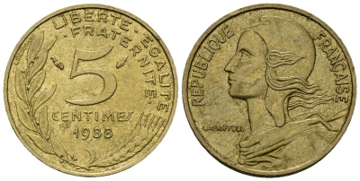 Франция 5 сантимов 1988 тип Marianne KM 933 алюминиевая бронза 4136-448