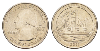 США 25 центов (квотер, 1/4 доллара) 2011 P, Квотеры «Парки США» - Национальный парк Виксбург KM 497 медь плакированная медно-никелем UNC 4638-424