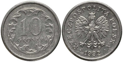 ПОЛЬША 10 ГРОШЕЙ 1992 MW KM 279 медно-никель 201-438