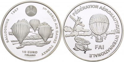 Финляндия 10 евро 1997 FIO, Международная федерация аэронавтики, первые воздушные игры серебро PROOF 11-162-12