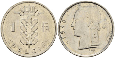 БЕЛЬГИЯ 1 ФРАНК 1980 BELGIE KM 143.1 медно-никель 4546-433