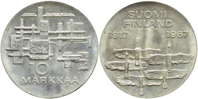 Финляндия 10 марок 1967 S-H, 50 лет независимости (1917-1967) KM 50 серебро 413-1915
