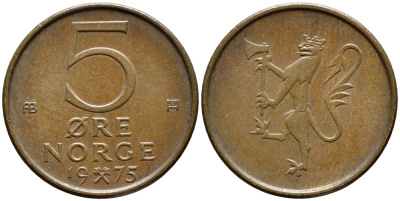 Норвегия 5 эре 1975 Улаф V (1958-1991) KM 415 бронза 259-745