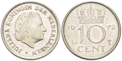 Нидерланды 10 центов 1972 Юлиана (1948-1980) KM 182 никель 214-1258