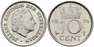 НИДЕРЛАНДЫ 10 ЦЕНТОВ 1974 ЮЛИАНА KM 182 никель 96-341