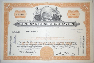 США, SINCLAIR OIL CORPORATION 100 акций 1966 США бумага 00-00