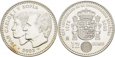 Испания 12 евро 2003 Карлос и София, 25 лет Конституции Испании KM 1051 серебро UNC 1087-4-11