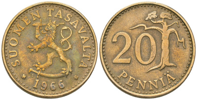Финляндия 20 пенни 1966 S KM 47 алюминиевая бронза 4589-915