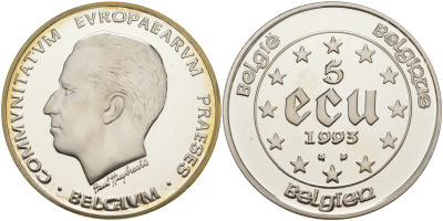 Бельгия 5 экю 1993 председательство Бельгии в Евросозе, Бодуэн I KM 185 серебро PROOF 1074-4-32
