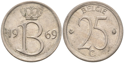 Бельгия 25 сантимов 1969 Belgie, Бодуэн I (1951-1993) KM 154.1 медно-никель 4564-139
