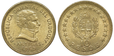Уругвай 10 песо 1965 KM 48 алюминиевая бронза 4574-636