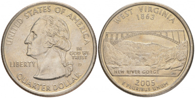 США 25 центов = квотер 2005 D, серия штаты США, Западная Вирджиния KM 374 медь плакированная медно-никелем UNC M25-09