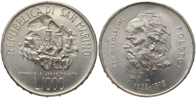 Сан-Марино 1000 лир 1978 150 лет со дня рождения Льва Николаевича Толстого, в оигинальной упаковке KM 85 серебро UNC 7-4-1-48