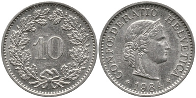 ШВЕЙЦАРИЯ 10 РАППЕНОВ 1984 KM 27 медно-никель 4539-526