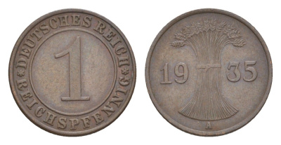 Германия 1 рейхспфенниг 1935 A KM 37, J. 313 бронза 4644-1051