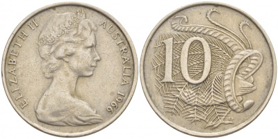 Австралия 10 центов 1966 Елизавета II (1952-), птица лирахвост KM 65 медно-никель 4539-1055