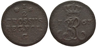 Польша 1/2 гроша (полугрош) 1767 G, Станислав Август Понятовский (1764-1795), вес 1,61 гр. KM 175.1 (С34) медь 1516-1243