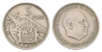 Испания 5 песет 1957 (64) Франсиско Франко (1939-1975) KM 786 медно-никель 183-221