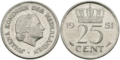 Нидерланды 25 центов 1951 Юлиана (1949-1980) KM 183 никель 96-124