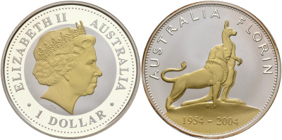 Австралия 1 доллар 2004 флорин, королевский визит, позолота KM 738 серебро PROOF 00-000-00
