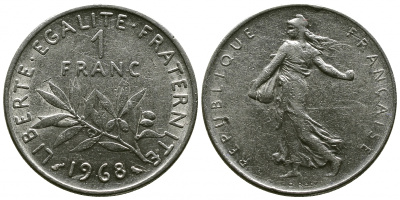 ФРАНЦИЯ 1 ФРАНК 1968 СЕЯТЕЛЬ KM 925.1 никель 4381-522