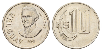 Уругвай 10 песо 1981 Хосе Хервасио Артигас, год-тип KM 79, Schoen 55 медно-никель UNC 4675-633