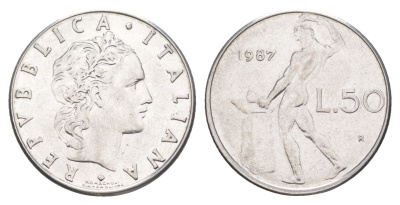Италия 50 лир 1987 R, бог огня Вулкан у наковальни KM 95.1 нержавеющая сталь 4551-1151